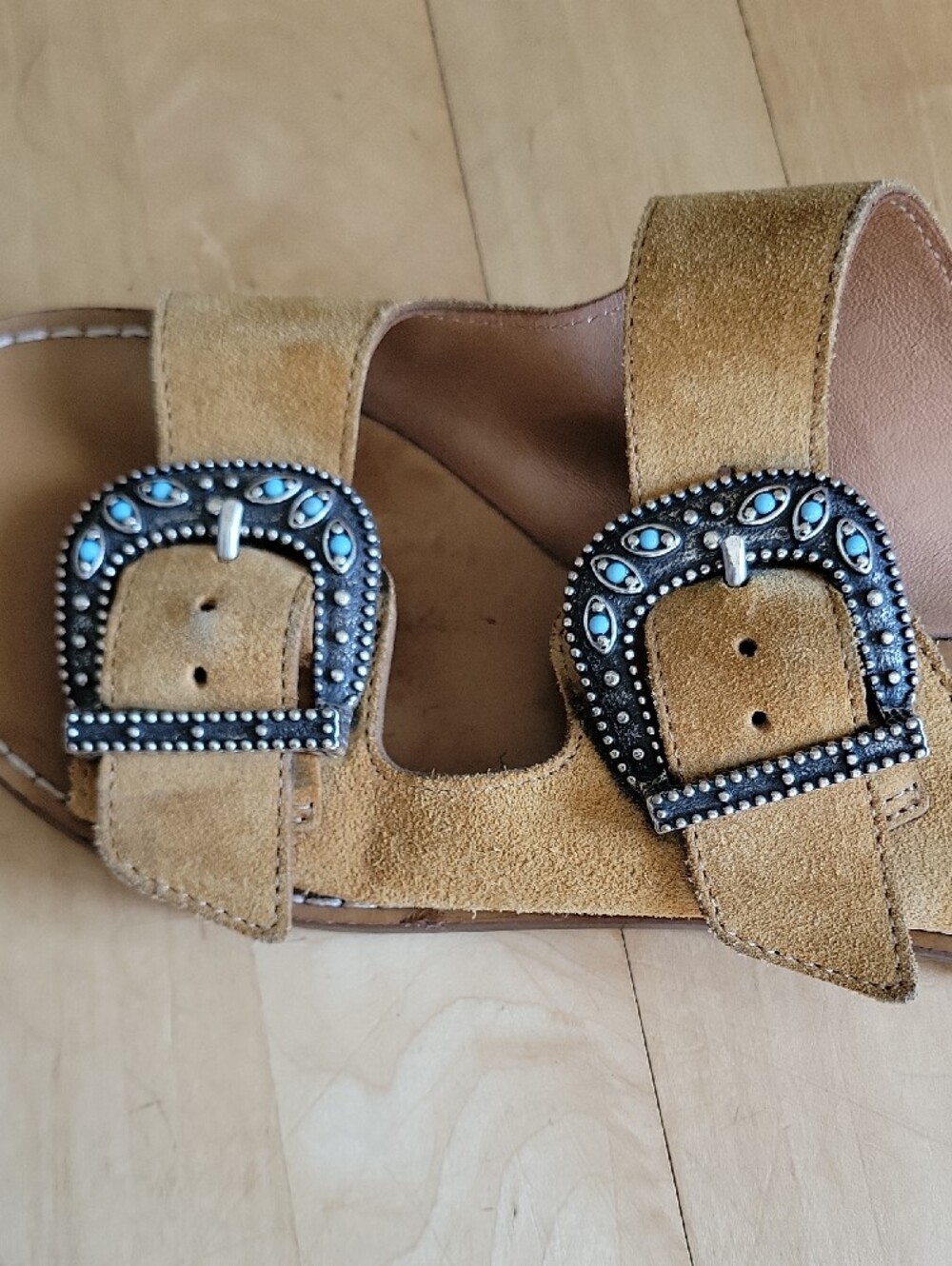 Sezane Jade Low Mules Tan Suede Slide Sandals with Silver Turquoise Buckles - 37 - Picture 10 of 13